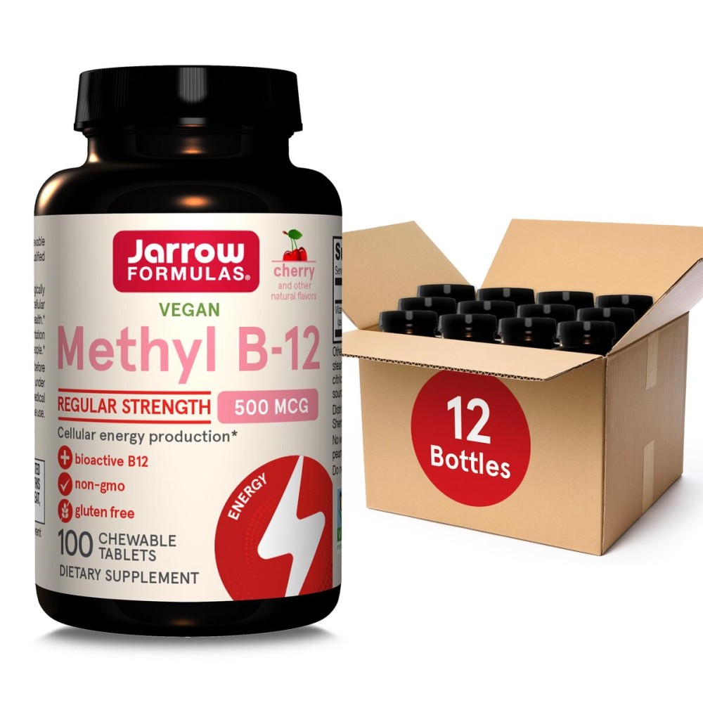 Jarrow Formulas Regular Strength Methyl B-12 500mcg, Dietary Supplement for Cellular Energy Production and Brain Health Support, 100 Cherry-Flavored Chewable Tablets, 100 Day Supply, Pack of 12