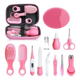 Baby Grooming and Healthcare Kit, Infant Safety Care Set with Hair Brush Comb Nail Clipper Nasal Aspirator,Baby Essentials Kit for Newborn Girls Boys (13 in 1, Pink)