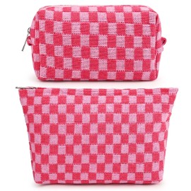 SOIDRAM 2 Pieces Makeup Bag Large Checkered Cosmetic Bag Capacity Canvas Mix Travel Toiletry Bag Organizer Cute Makeup Brushes Aesthetic Accessories Storage Bag for Women, Checkered Mix Rose Red
