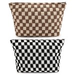 SOIDRAM 2 Pieces Makeup Bag Large Checkered Cosmetic Bag Capacity Canvas Travel Toiletry Bag Organizer Cute Makeup Brushes Aesthetic Accessories Storage Bag for Women, Checkered L Black Brown