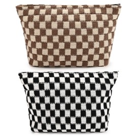 SOIDRAM 2 Pieces Makeup Bag Large Checkered Cosmetic Bag Capacity Canvas Travel Toiletry Bag Organizer Cute Makeup Brushes Aesthetic Accessories Storage Bag for Women, Checkered L Black Brown