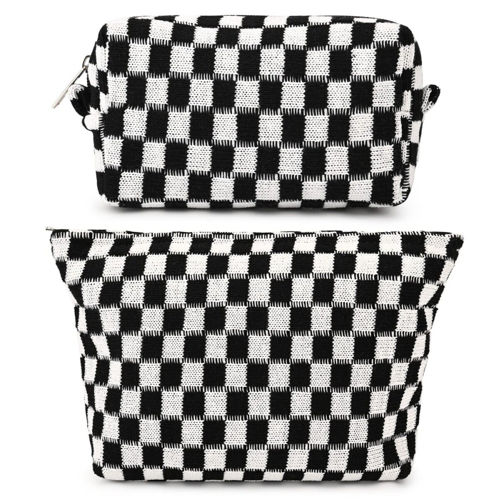 SOIDRAM 2 Pieces Makeup Bag Large Checkered Cosmetic Bag Capacity Canvas Travel Toiletry Bag Organizer Cute Makeup Brushes Aesthetic Accessories Storage Bag for Women, Checkered L Green Rose red