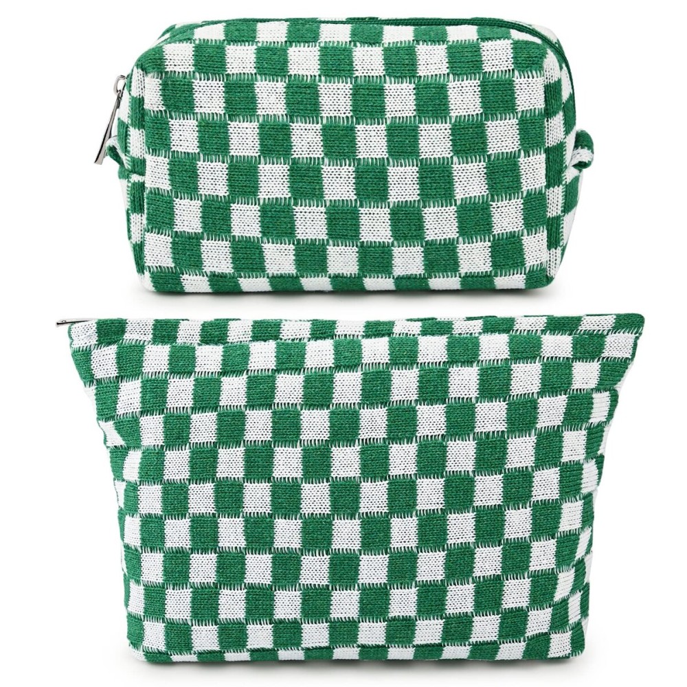 SOIDRAM 2 Pieces Makeup Bag Large Checkered Cosmetic Bag Capacity Canvas Mix Travel Toiletry Bag Organizer Cute Makeup Brushes Aesthetic Accessories Storage Bag for Women, Checkered Mix Green