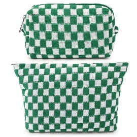 SOIDRAM 2 Pieces Makeup Bag Large Checkered Cosmetic Bag Capacity Canvas Mix Travel Toiletry Bag Organizer Cute Makeup Brushes Aesthetic Accessories Storage Bag for Women, Checkered Mix Green