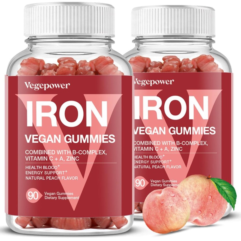 VEGEPOWER Vegan Iron Gummies Supplement - Multivitamin Supplement with Vitamin C, A, B & Zinc - Health Blood & Energy Support for Iron Deficiency, Anemia, No After Taste - Peach Flavor2 Packs