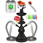 Portable Hookah set with everything - Black Hookah Set 2 Hose Hookahs - Black Mini Hookah 2 Hose Hooka Set with 50x Foil Sheets, Silicone Bowl 10x Disposable Tips and Sisha Tongs