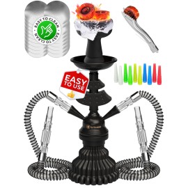 Portable Hookah set with everything - Black Hookah Set 2 Hose Hookahs - Black Mini Hookah 2 Hose Hooka Set with 50x Foil Sheets, Silicone Bowl 10x Disposable Tips and Sisha Tongs