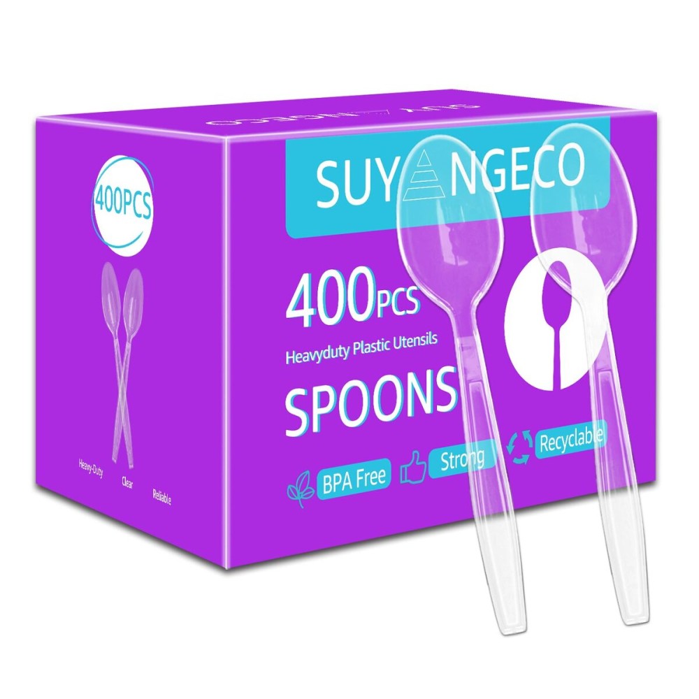 [400 Count] Clear Plastic Spoons Heavy Duty Disposable Spoon Reusable Bulk Plastic Utensils Sturdy Cutlery Set Durable Plasticware Silverware for Party,Every Day Use,Picnic,Camping,Wedding,Barbecues