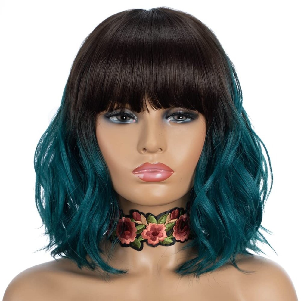NOBLE Synthetic Curly Bob Wig With Bangs Short Bob Wigs Ombre Brown To Green Color Women\'s Shoulder Length Wigs Curly Wavy Wig Heat Resistant Colorful Daily Party Wig.