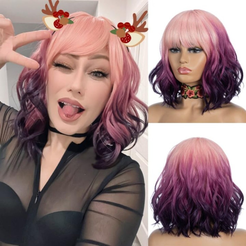 NOBLE Colourful Short Bob Wigs with Bangs for Women 3 Tone Ombre Pink root to Purple Color Short Wavy Bob Hair Wig Shoulder Length Synthetic Heat Resistant Bob Wigs