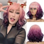 NOBLE Colourful Short Bob Wigs with Bangs for Women 3 Tone Ombre Pink root to Purple Color Short Wavy Bob Hair Wig Shoulder Length Synthetic Heat Resistant Bob Wigs