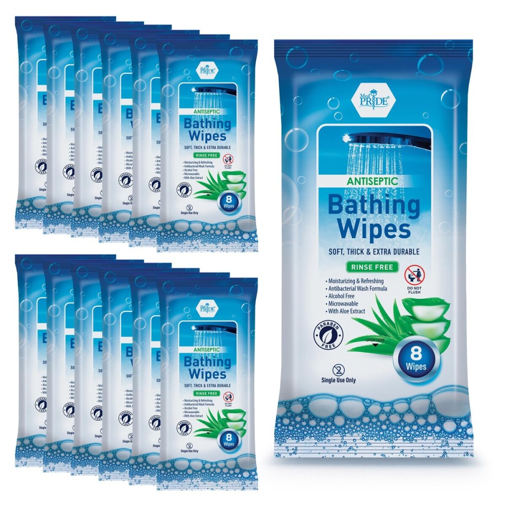 MED PRIDE Hospital Wipes for Bathing, Waterless Rinse Free Bath Wipes for Adults, Microwavable Soft Thick, 12 Packs (96 Count), Aloe Vera