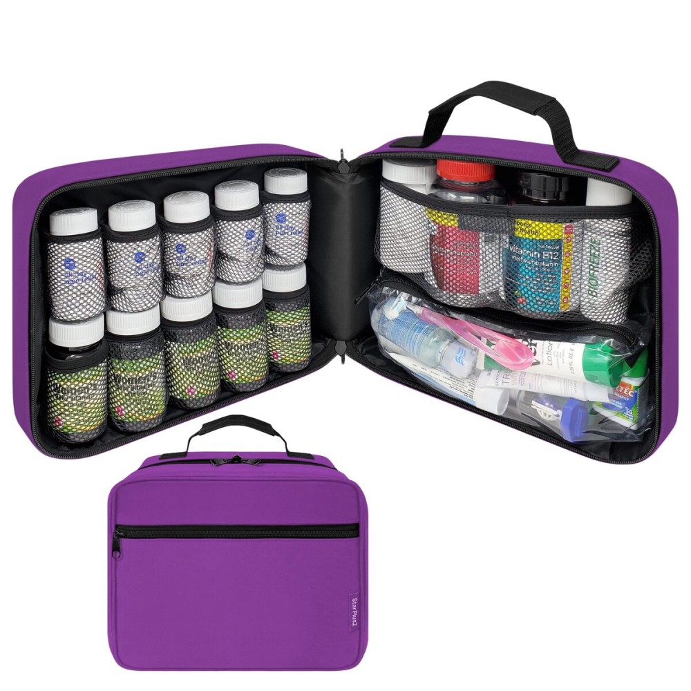 StarPlus2 Large Padded Pill Bottle Organizer, Medicine Bag, Case, Carrier for Medications, Vitamins, and Medical Supplies - Travel Medicine Organizer and Home Storage Med Bag - Purple (Without Lock)