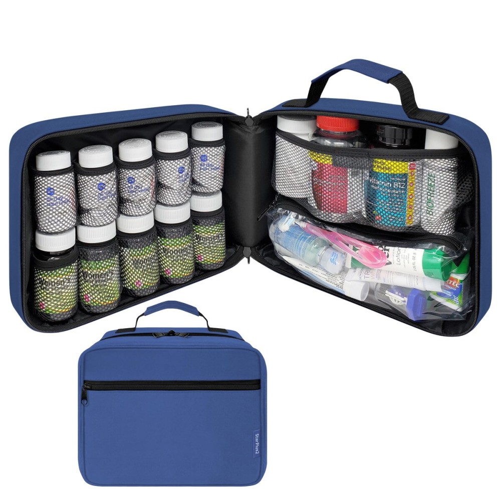 StarPlus2 Large Padded Pill Bottle Organizer, Medicine Bag, Case, Carrier for Medications, Vitamins, and Medical Supplies - Travel Medicine Organizer and Home Storage Med Bag - Blue (Without Lock)