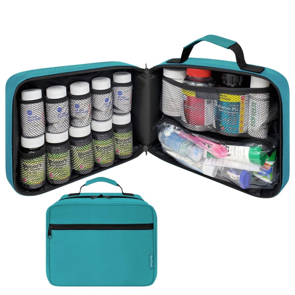 StarPlus2 Large Padded Pill Bottle Organizer, Medicine Bag, Case, Carrier for Medications, Vitamins, and Medical Supplies - Travel Medicine Organizer and Home Storage Med Bag - Turquoise (Without Lock