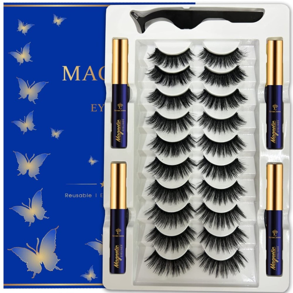3D Magnetic Eyelashes Cat-Eye Magnetic Lashes with 4 Tubes of Magnetic Eyeliner, Reusable, Waterproof, Cruelty-Free, Black, Faux Mink, 10 Pairs