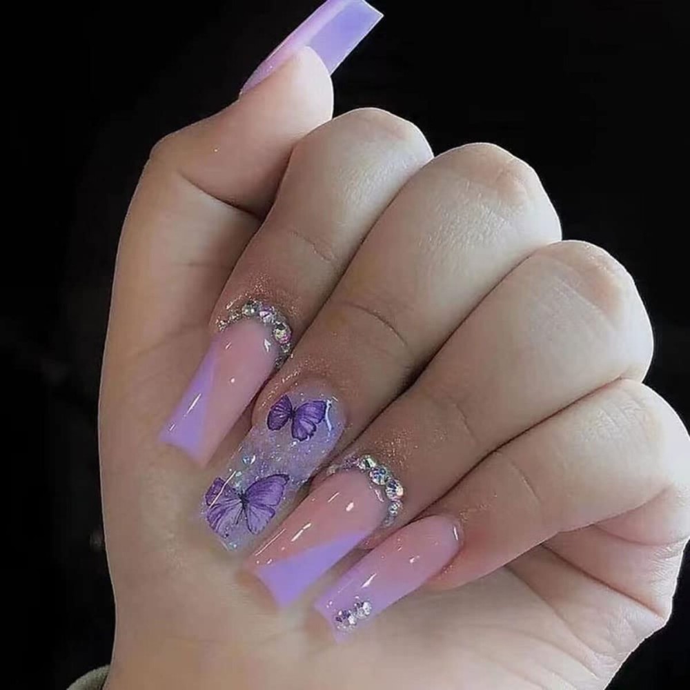 Magrace Short Press on Nails with Designs French Tip Fake nails 24 Pcs Square Stick on Nails for Women (A-5)