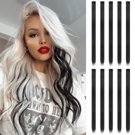 FESHFEN Colored Clip in Hair Extensions - 10 PCS Black Highlighted Hair Piece Straight Synthetic Clip in Hairpieces for Women 22 inch