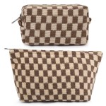 SOIDRAM 2 Pieces Makeup Bag Large Checkered Cosmetic Bag Capacity Canvas Mix Travel Toiletry Bag Organizer Cute Makeup Brushes Aesthetic Accessories Storage Bag for Women, Checkered Mix Brown