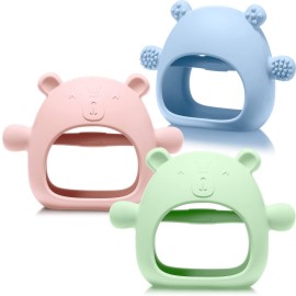 Chumia 3 Pack Teething Toys for Babies 0-6 Months Silicone Hand Teethers Baby Anti Dropping Hand Pacifiers Infant Chew Toys for Sucking Needs(Pink, Blue, Green)