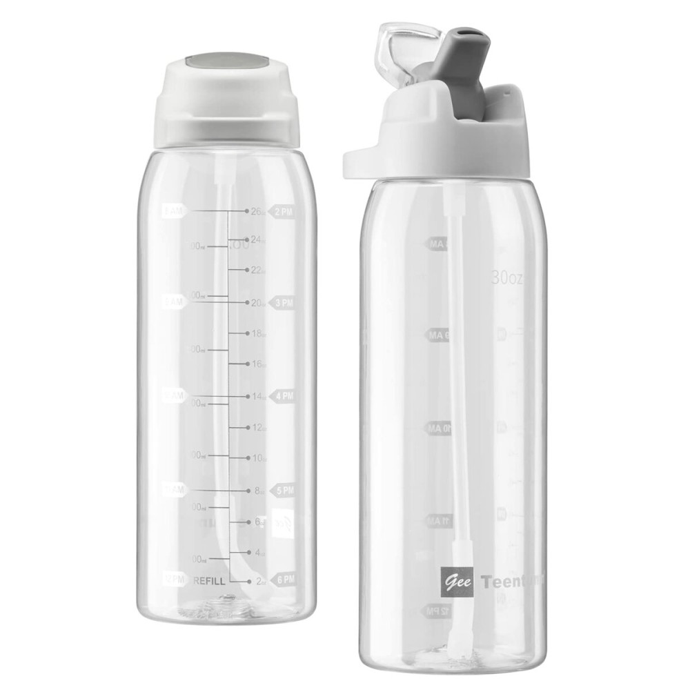 Teentumn Clear Water Bottle with Straw BPA Free Tritan with Time Markers, 30oz Durable Bottle Perfect for Office, School, Gym and Workout (Pack of 1)