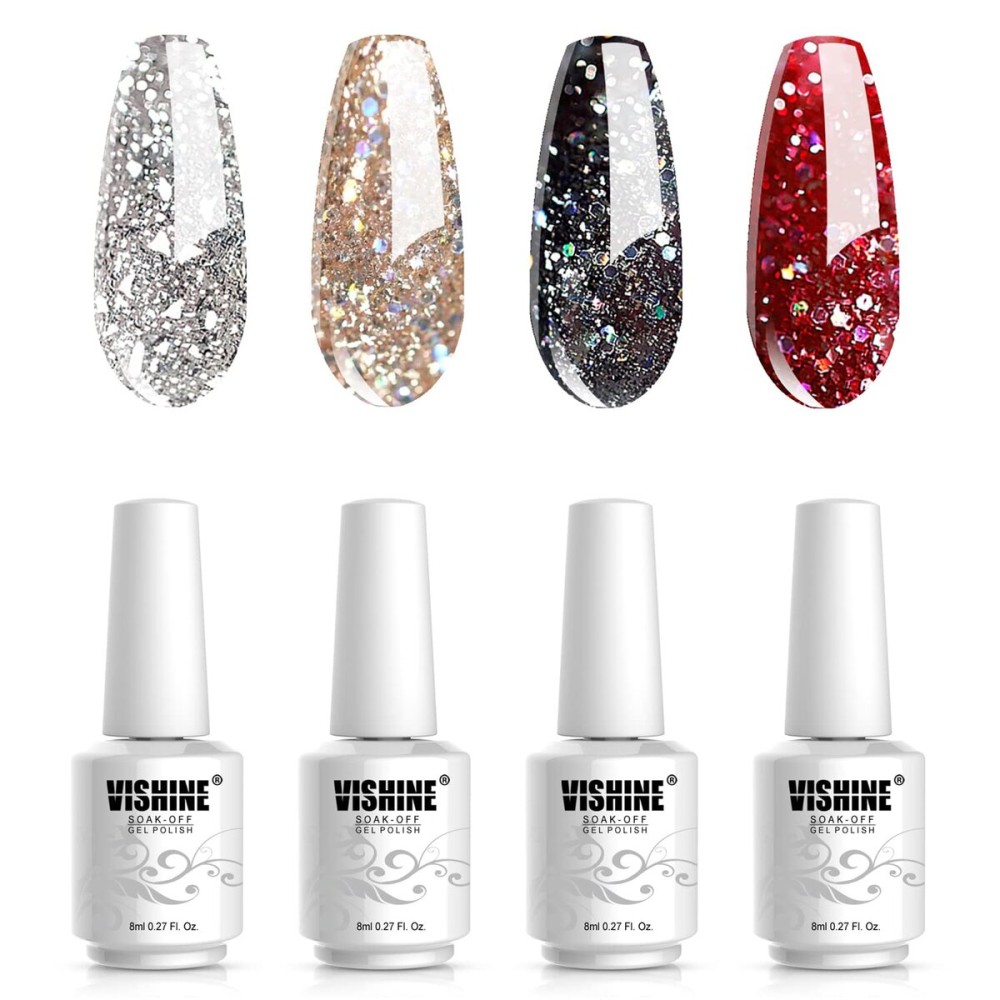 Vishine Glitter Gel Nail Polish Set - 4PCS 8ml Sparkle Red Black Gold Silver Shinning Colors UV LED Soak Off Gel Polish Collection Long-lasting Salon DIY Manicure 8ml C020