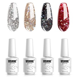 Vishine Glitter Gel Nail Polish Set - 4PCS 8ml Sparkle Red Black Gold Silver Shinning Colors UV LED Soak Off Gel Polish Collection Long-lasting Salon DIY Manicure 8ml C020