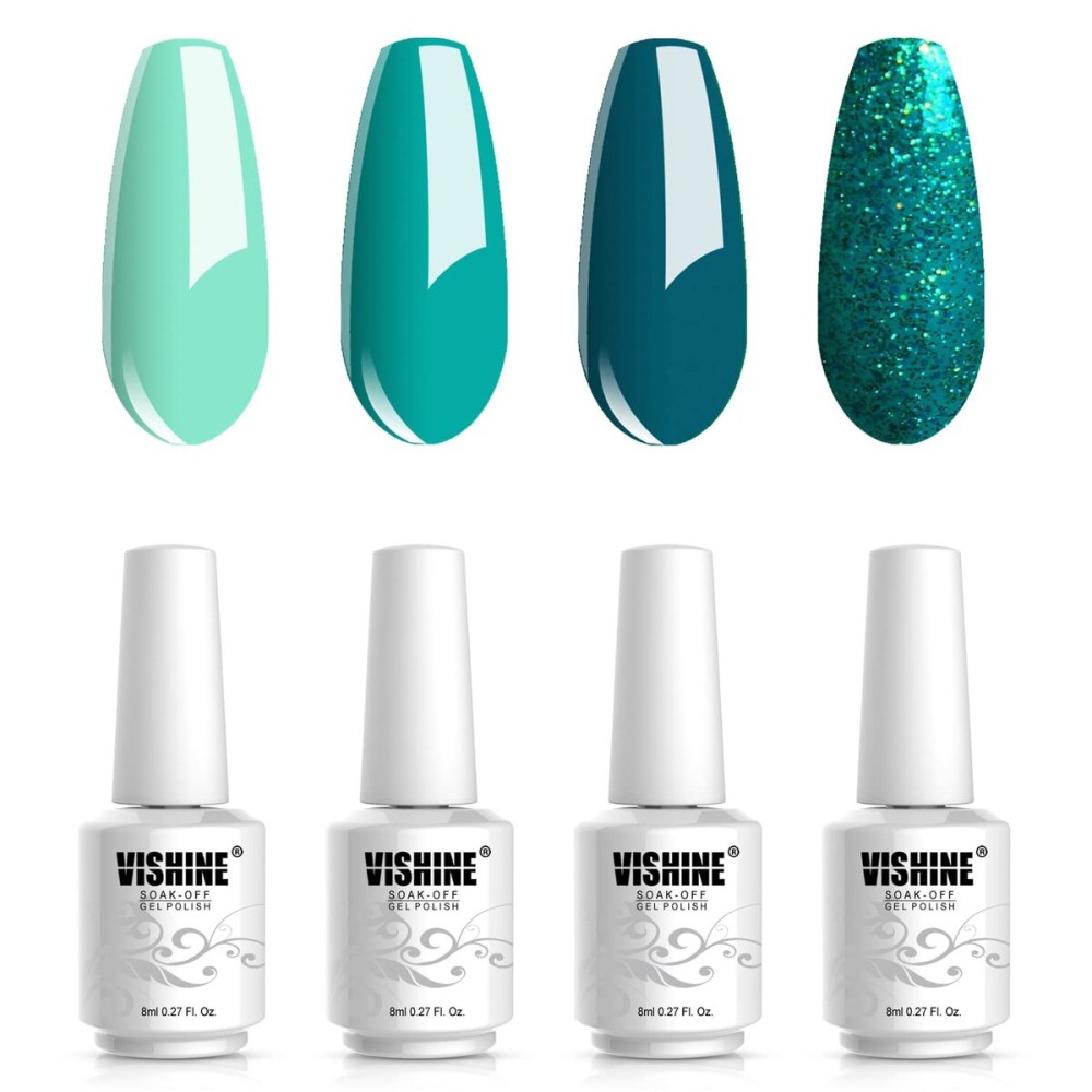 Vishine Gel Nail Polish Set - 4 Colors Dark Green Gel Polish Set Matcha Color Sparkly Glitter Gel Polish Misty Forest Green Soak Off UV LED Lamp Nail Art Varnish 8ml C019