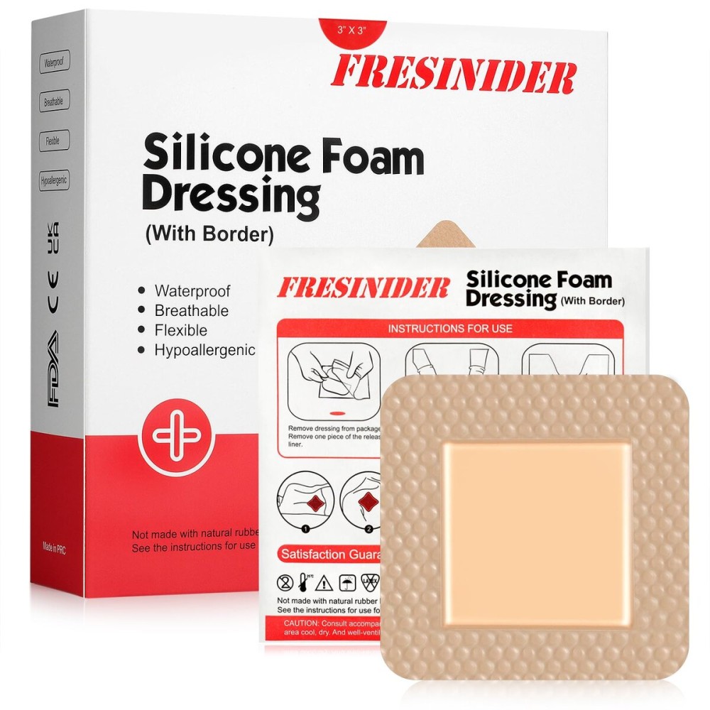 FRESINIDER Silicone Foam Dressing with Adhesive Border - Wound Dressing Bandage - Silicone Foam Pad - Pack of 10 - 3 x 3 Inches Large Waterproof Bandages - Self Adhesive Wound Care and Dressings