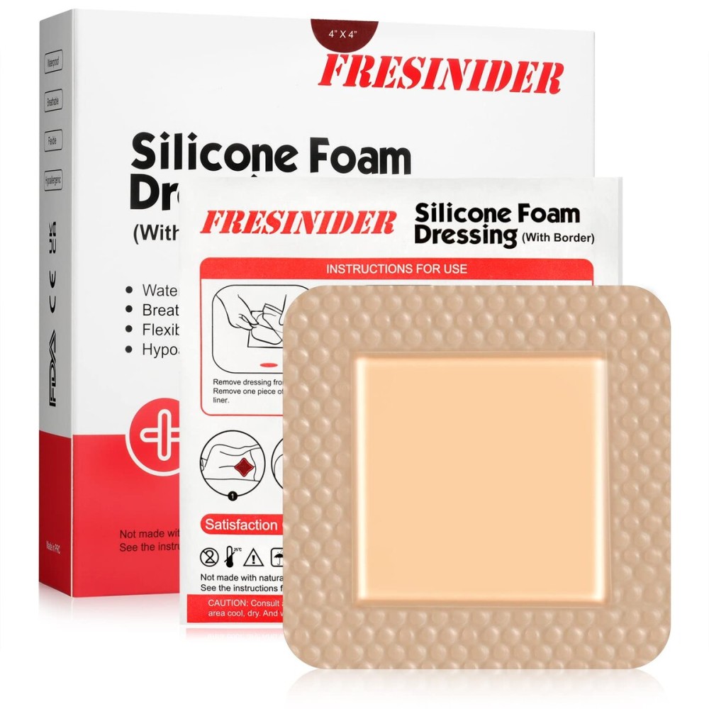 FRESINIDER Silicone Foam Dressing with Adhesive Border - Wound Dressing Bandage - Silicone Foam Pad - Pack of 5 - 4 x 4 Inches Large Waterproof Bandages - Self Adhesive Wound Care and Dressings