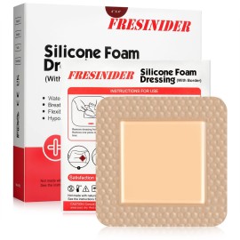 FRESINIDER Silicone Foam Dressing with Adhesive Border - Wound Dressing Bandage - Silicone Foam Pad - Pack of 5 - 4 x 4 Inches Large Waterproof Bandages - Self Adhesive Wound Care and Dressings