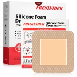 FRESINIDER Silicone Foam Dressing with Adhesive Border - Wound Dressing Bandage - Silicone Foam Pad - Pack of 10 - 4 x 4 Inches Large Waterproof Bandages - Self Adhesive Wound Care and Dressings