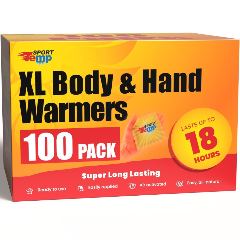 Large Hand & Body Warmers (100 Pack) Up to 18 Hours of Heat, Super Long Lasting - Easy, All Natural - Air Activated, for Body, Hands & Toes - Odorless Hot Hand Warmer - Sport Temp