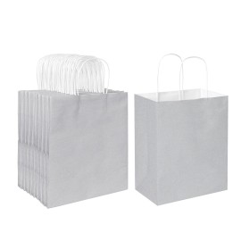 Oikss 100 Pack 8x4.75x10 Inch Medium Gray Kraft Paper Bags with Handles Bulk for Birthday Wedding Party Favors Grocery Retail Shopping Business Goody Craft Gift Bags Sacks (Silver Grey 100pcs Count)