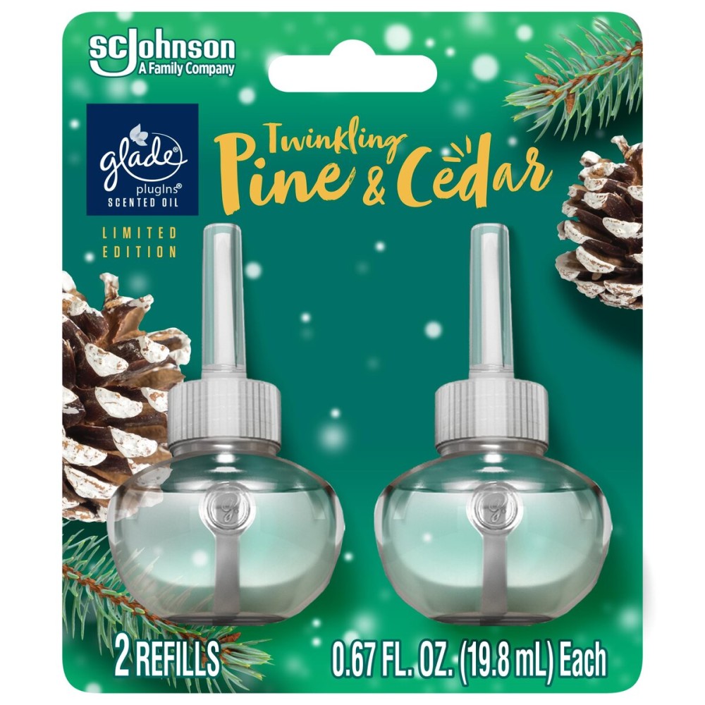 Glade PlugIns Refills Air Freshener, Scented and Essential Oils for Home and Bathroom, Twinkling Pine & Cedar, 1.34 Fl Oz, 2 Count