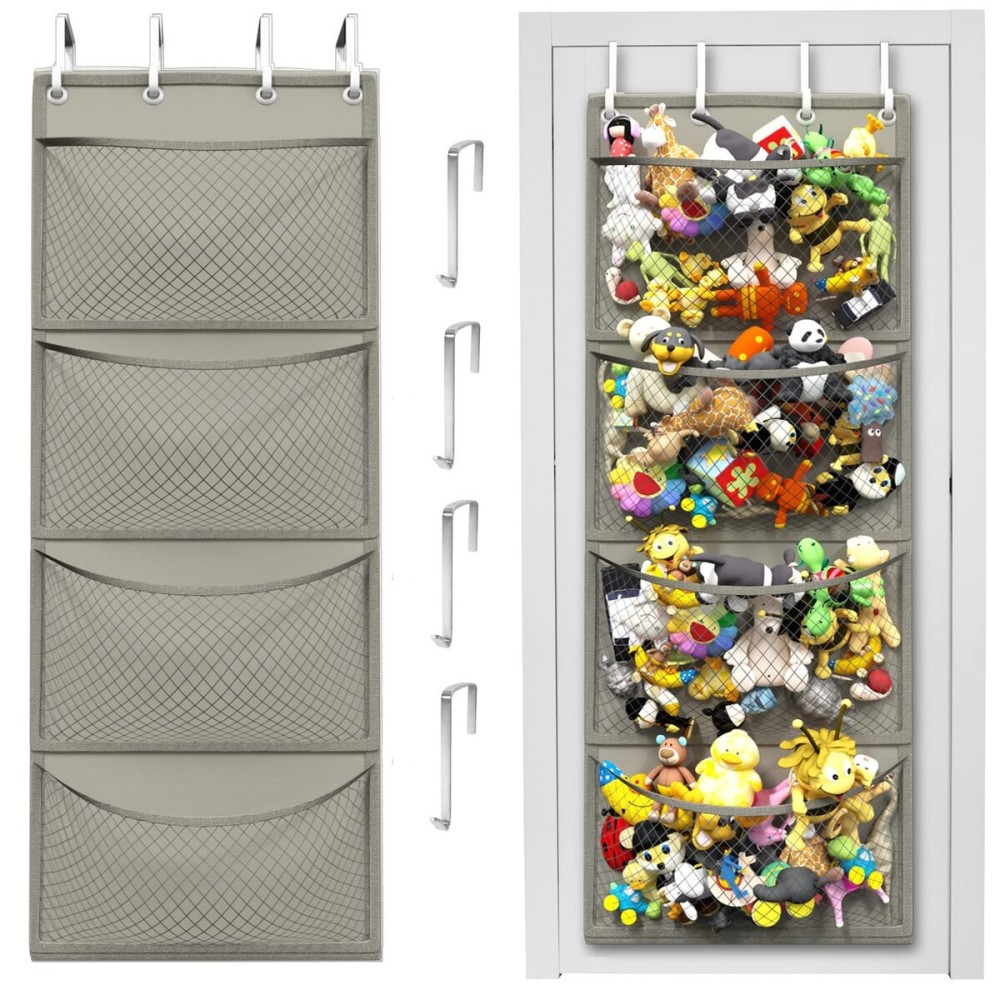 Honeyera Storage for Stuffed Animal - Over Door Organizer for Stuffies, Baby Accessories, and Toy Plush/Easy Installation with Breathable Hanging Pockets (Gray)