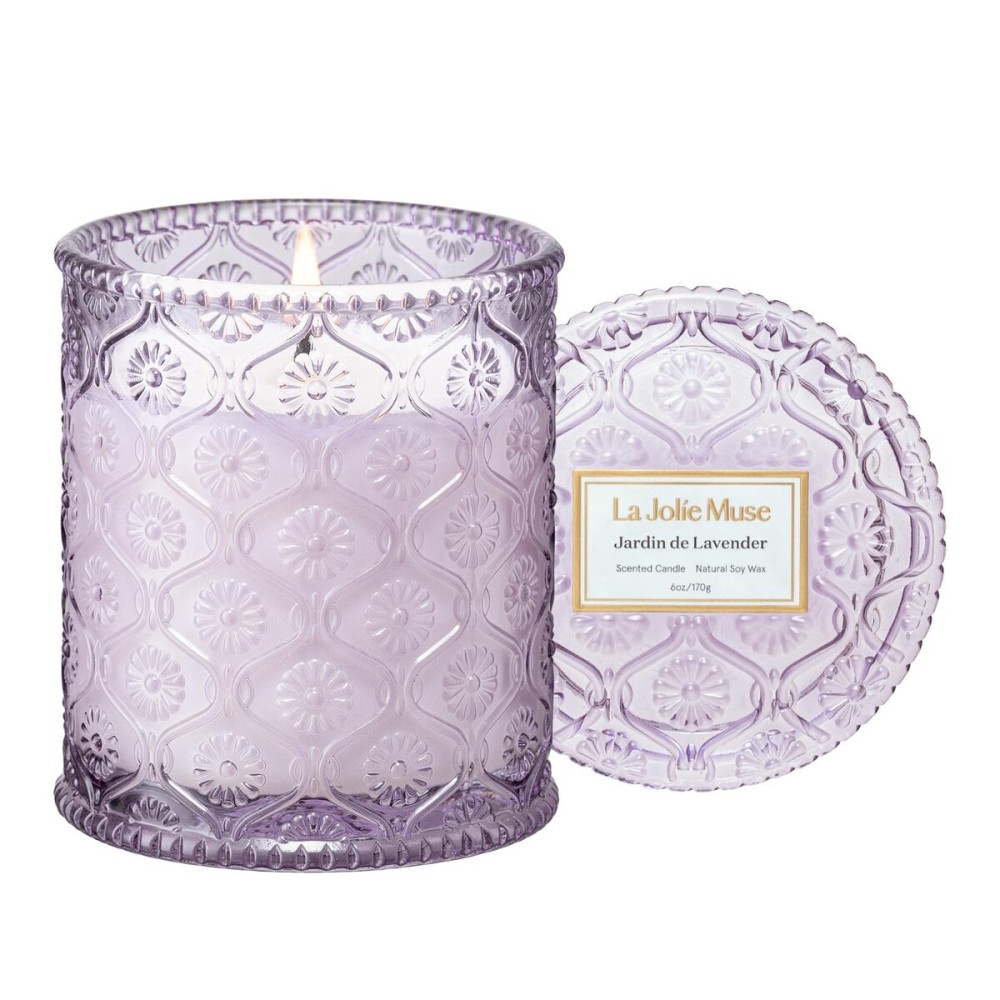 LA JOLIE MUSE Jardin de Lavender Scented Candle - Coconut, Lavender & Sandalwood | 6 oz Natural Soy Wax | 40 Hours Clean Burn | Aromatherapy Candle for Relaxation | Elegant Home Decor