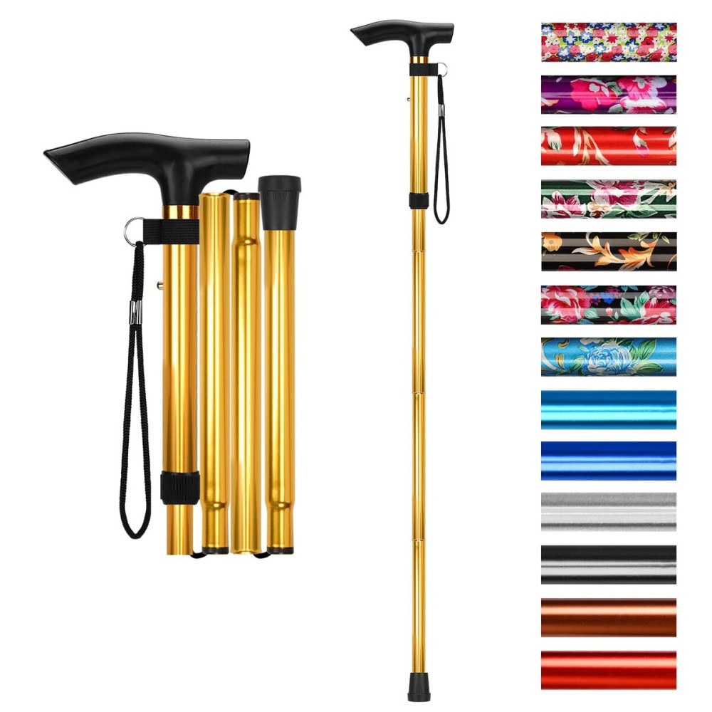 supregear Folding Cane, 5-Level Adjustable Height Walking Stick Lightweight Collapsible Portable Travel Cane with Wrist Strap and T Handle for Elderly Disabled Men Women, Gold