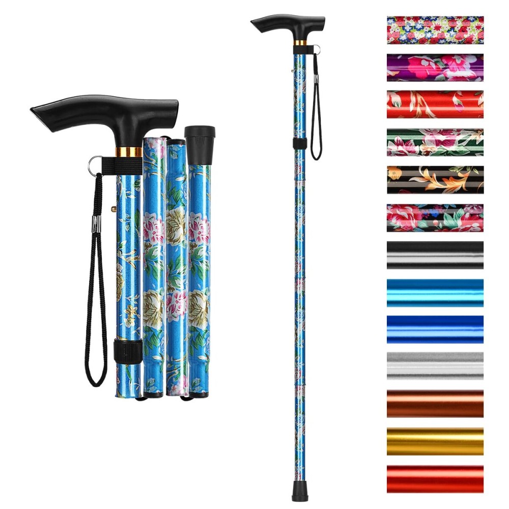 supregear Folding Cane, 5-Level Adjustable Height Walking Stick Lightweight Collapsible Portable Travel Cane with Wrist Strap and T Handle for Elderly Disabled Men Women, Blue Floral