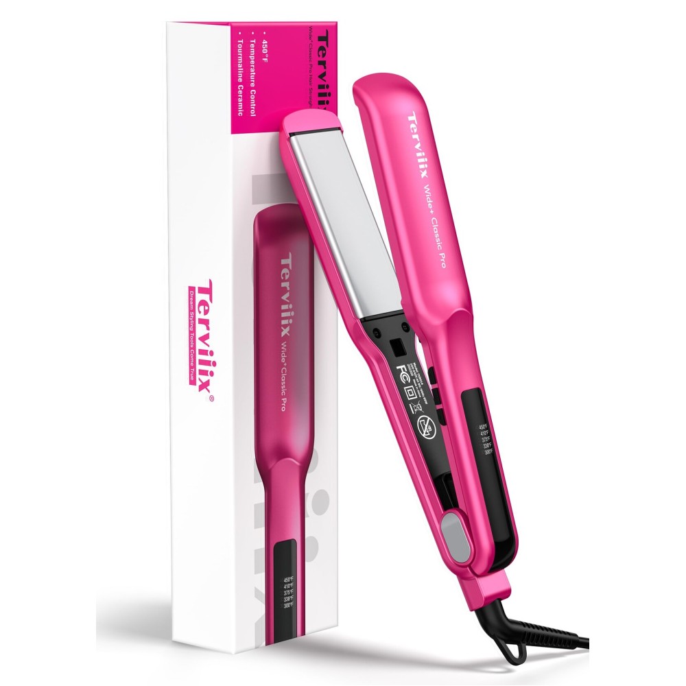 Terviiix Ceramic Hair Straightener, 1-1/2 Inch Wide Flat Iron for Hair, Professional Straightening Irons with Adjustable Temp, 30s Instant Heating, Get Silky Smooth Hair, Dual Voltage, Auto Off, Pink