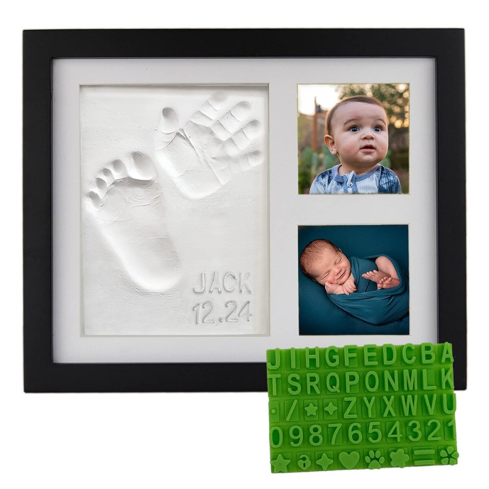 Baby Hand & Footprint Clay Keepsake Photo Frame Kit - w/Silicone Stencil for a Personalized Gift. Wood Frame, Wall/Table Mount. Perfect Registry, Baby Shower, New Mom, Birthday & Newborn Gift - Black