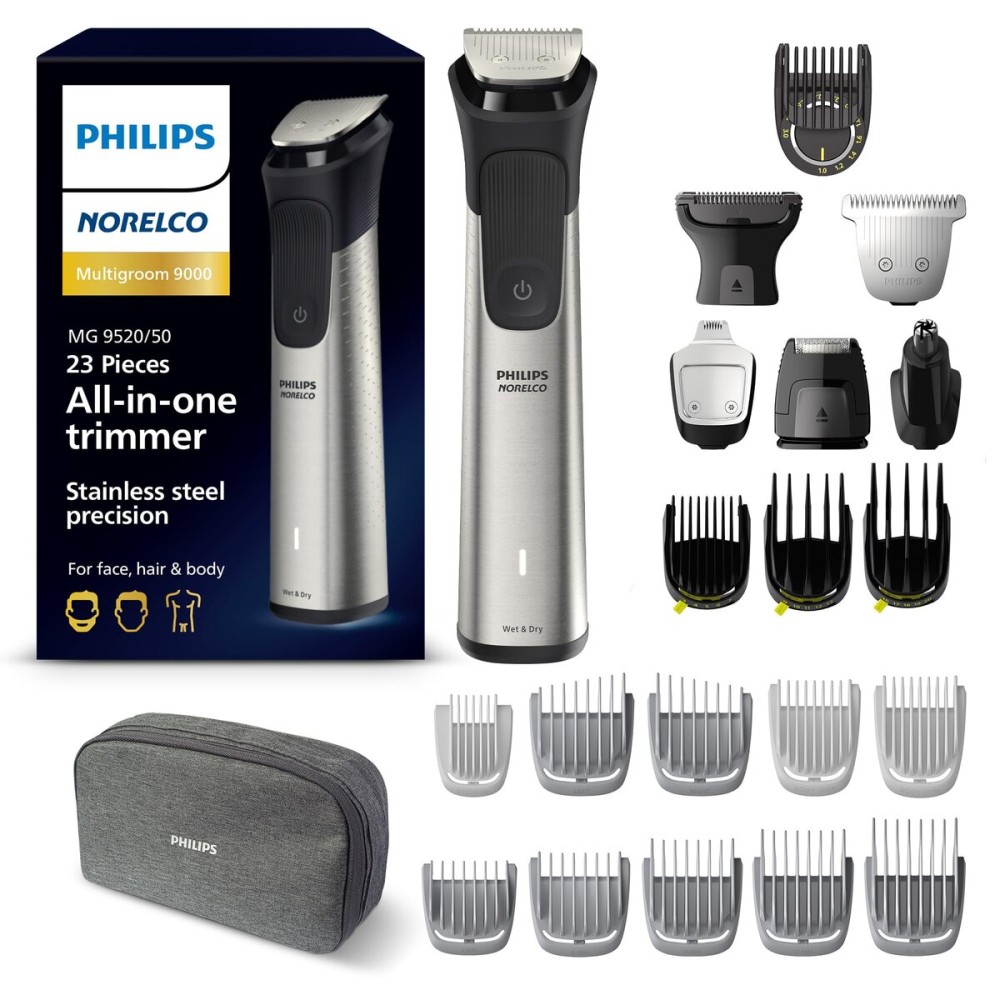 Norelco Philips Multigroom 9000 Series, All-in-One Trimmer, Beard Trimmer and Hair Clipper, 23-Piece Men\'s Grooming Kit for Beard, Body, Face, Nose, Ear and Intimate Areas, MG9520/50