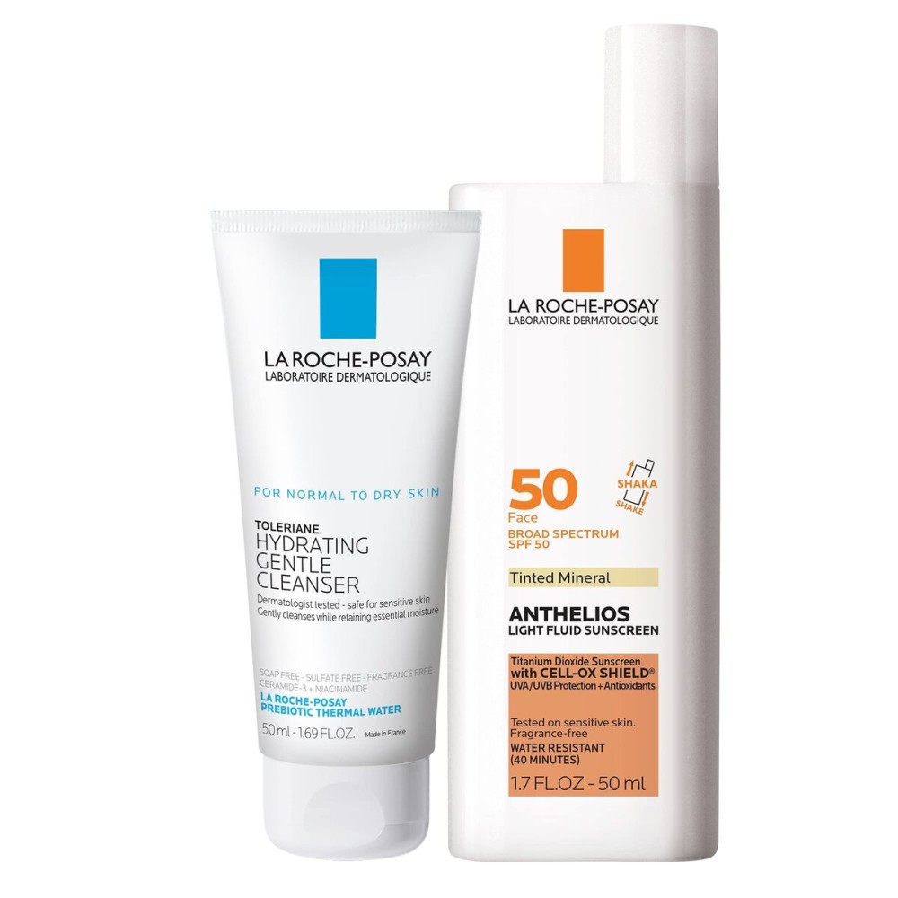 La Roche-Posay Skin Care Set Anthelios Tinted Sunscreen SPF 50 & Travel Size Toleriane Hydrating Gentle Cleanser, Tinted Mineral Sunscreen with Titanium Dioxide & Gentle Face Wash, Gift Set