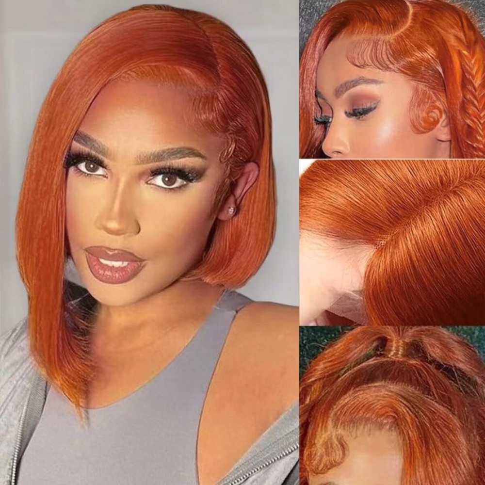 UTIDE 350 Ginger Bob Lace Front Wig Human Hair 13x4 HD Transparent Lace Frontal Wigs Pre Plucked Short Straight Bob Wig for Black Women with Baby Hair 180% Density Brazilian Orange Ginger Wig 8 Inch