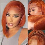 UTIDE 350 Ginger Bob Lace Front Wig Human Hair 13x4 HD Transparent Lace Frontal Wigs Pre Plucked Short Straight Bob Wig for Black Women with Baby Hair 180% Density Brazilian Orange Ginger Wig 8 Inch