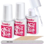 Teenitor Nail Glue for Press Ons, 3 Pack Best Nail Glue for Gel Tips with Nail Files, Super Strong Nail Glue for Broken Nail Brush on Nail Glue for Press on Nails