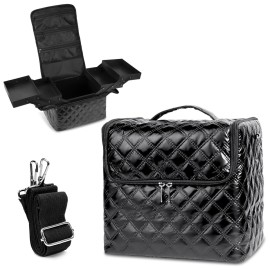 Deciniee Travel Makeup Bag, 4 Trays Large Cosmetic Bag for Woman with Adjustable Dividers, Organizer Bag Waterproof, Travel Essentials Cosmetic Bag, Train Case for Nail Tech Black