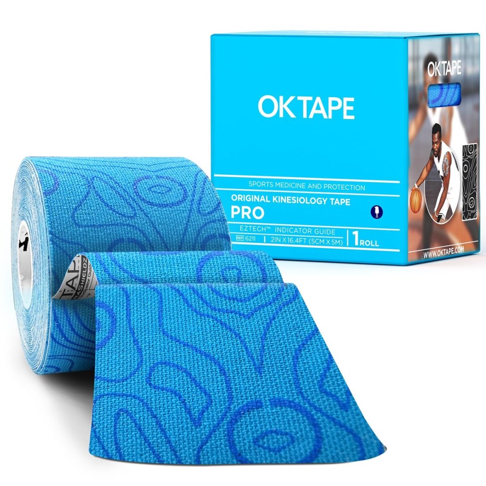 OK TAPE PRO Kinesiology Tape Uncut Roll, Elastic Physical Therapy Athletic Tape for Pain Relief, Muscle Support, Kinetic Tape, Water Resistant, 2in X 16.4ft -Blue