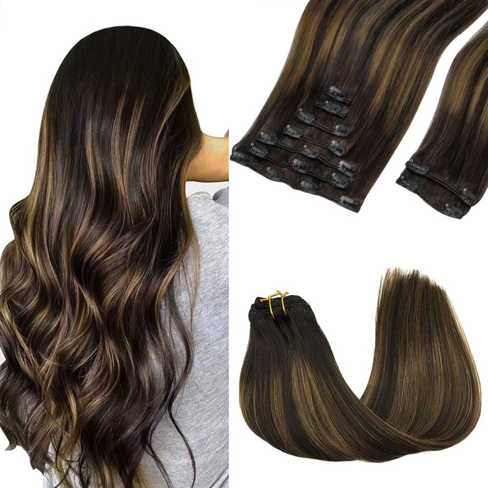 GOO GOO Clip in Hair Extensions Real Human Hair, Remy Human Hair Extensions Clip ins for Women, Natural Human Hair, 18inch 150g 9Pcs, 2/6/2 Balayage Dark Brown to Chestnut Brown