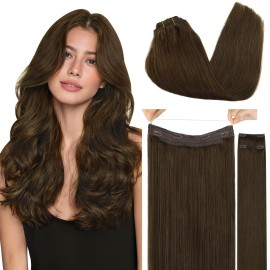 GOO GOO Wire Hair Extensions Human Hair, 4A Chocolate Brown Natural 14inch 105g, Invisible Wire Hair Extensions with Transparent, Seamless Fish Line Hairpiece